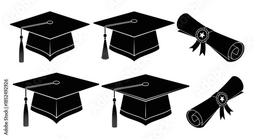 Set of graduation caps and diplomas in black and white