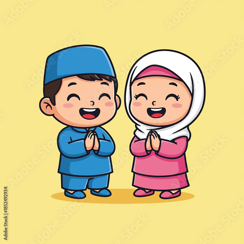 Cute Cartoon Muslim Children in Traditional Attire Smiling and Greeting.