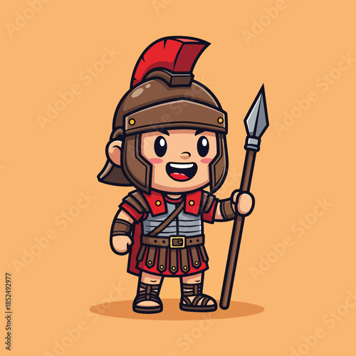Cute cartoon Roman soldier character with helmet and spear.