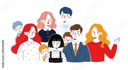 A group of people standing together in a colorful illustration