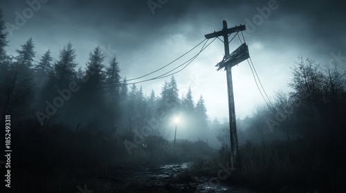 Damaged power lines dangling from a broken utility pole in the forest