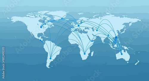 World map with connections and lines on a blue background