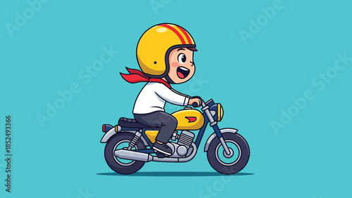 Happy cartoon character riding vintage yellow motorcycle with helmet and scarf.