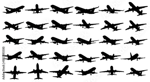 A collection of airplane silhouettes in various flight positions