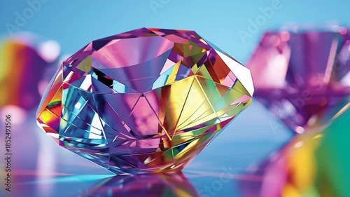 Colorful diamond facets reflect vibrant rainbow light, creating mesmerizing display of brilliance and beauty, showcasing gems captivating ability to refract colors in serene setting