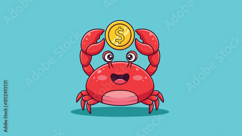 Happy cartoon red crab holding a golden dollar coin.