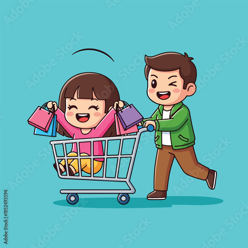 Happy man pushing woman in shopping cart with bags, enjoying retail therapy.
