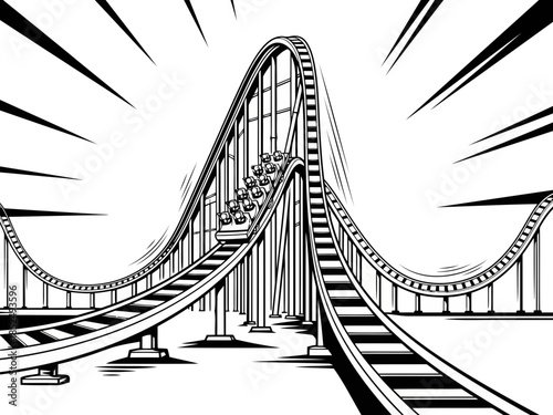 Black and white illustration of a roller coaster with a train on the track