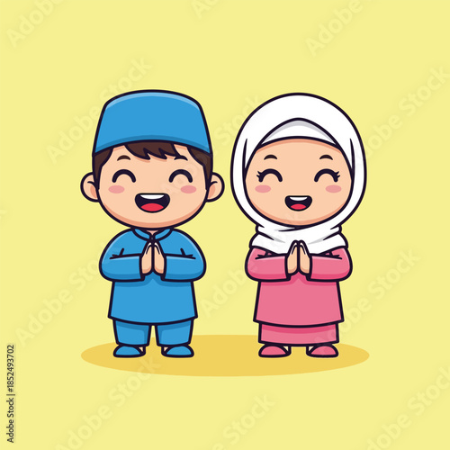 Happy Muslim cartoon children greeting with traditional attire.