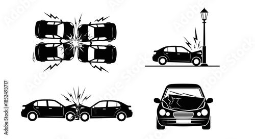Four black and white car crash illustrations