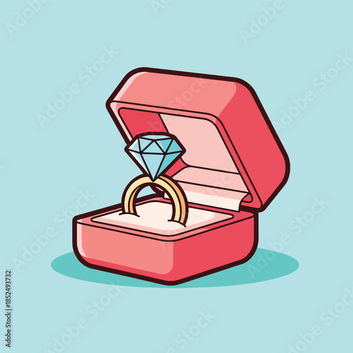Open pink ring box with a sparkling gold diamond engagement ring.