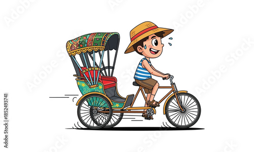 Young man pedaling a traditional colorful rickshaw quickly