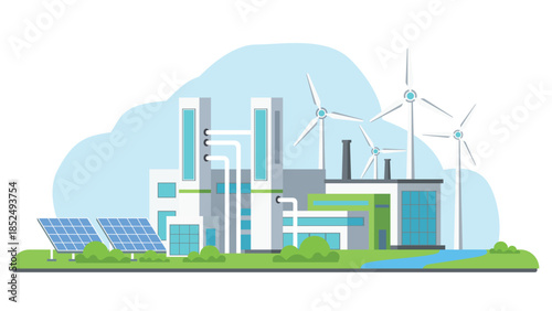 Modern renewable energy factory illustration with wind turbines solar panels and eco industrial buildings showing clean power sustainability and green technology