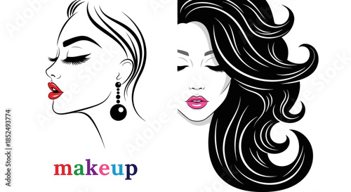 Black and white illustration of two womens faces with long hair and makeup