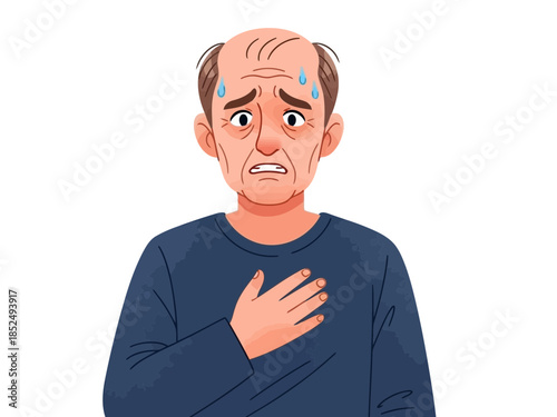 Elderly man with gray hair and beard experiencing chest pain and discomfort