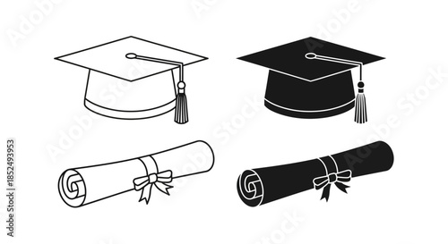 Graduation caps and diplomas in black and white