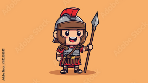 Smiling chibi Roman soldier in traditional armor with a spear.