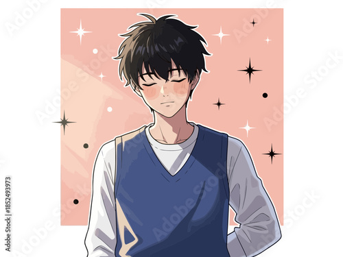 Young man with dark hair wearing a blue vest and white shirt looking up with a thoughtful expression