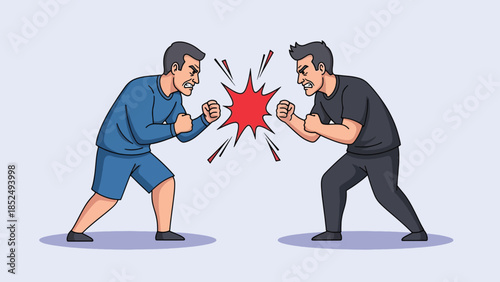 Two angry men in a heated confrontation, ready to fight or argue, cartoon illustration.