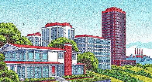 A colorful illustration of a large building complex surrounded by trees and greenery