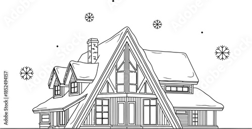 A frame house drawing, winter cabin sketch, snow falling outline illustration, architecture concept art