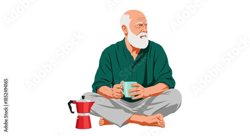 Senior man sitting with coffee mug and pot