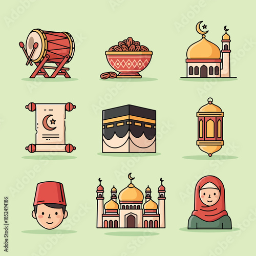 Vibrant cartoon icons representing Islamic culture and Ramadan traditions.
