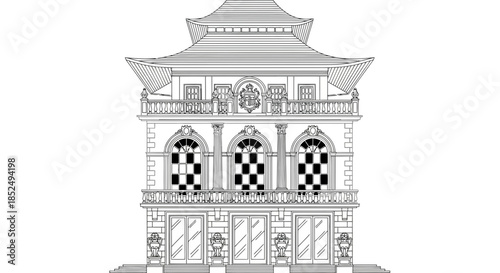 Ornate pagoda building facade in black and white line drawing