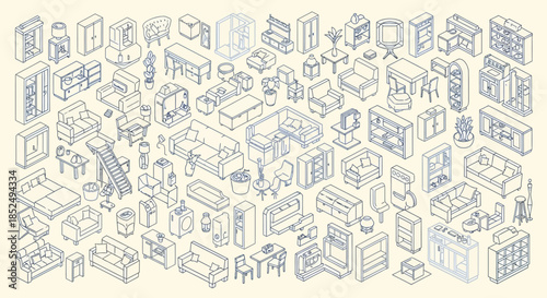 Blueprint architectural icons on beige background