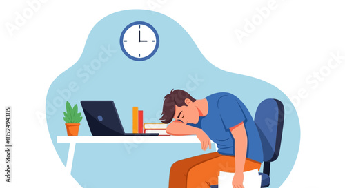 Man sitting at desk looking stressed and tired at work with clock on wall