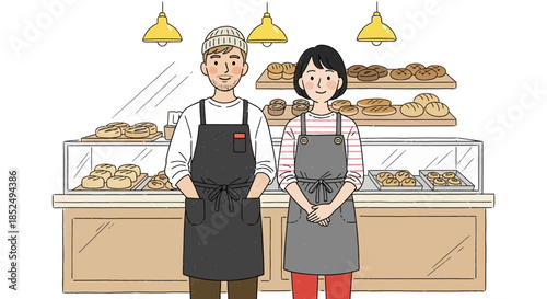 Baker and bakeress standing in front of bakery display case on isolated