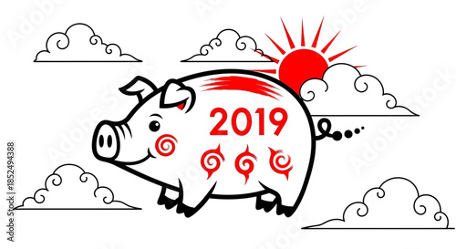 Pig with 2019 year on body and sun in background