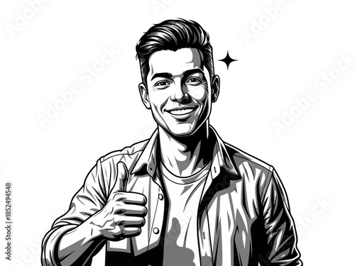 Young man with glasses and a jacket giving a thumbs up