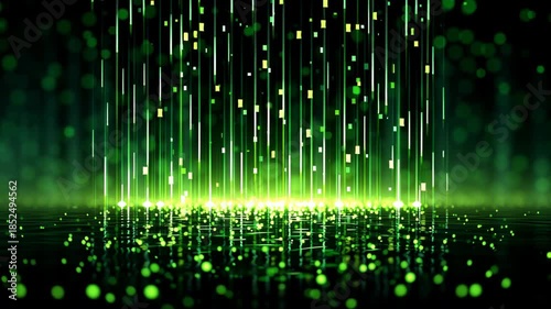 Abstract digital rain with glowing green pixels creates mesmerizing matrix style effect, evoking depth and movement in vibrant digital landscape filled with captivating visuals