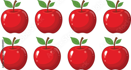 Collection of eight identical fresh red apples with green leaves and brown stems arranged in rows for healthy eating fruit and grocery concepts.