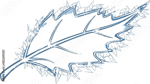 Icy leaf illustration, frozen nature symbol, sharp crystal foliage design, cold weather graphic, frost art element