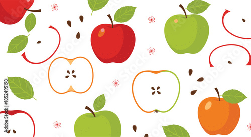 Seamless pattern with colorful red and green apples slices leaves and seeds on white background for kitchen textile wallpaper and food packaging design