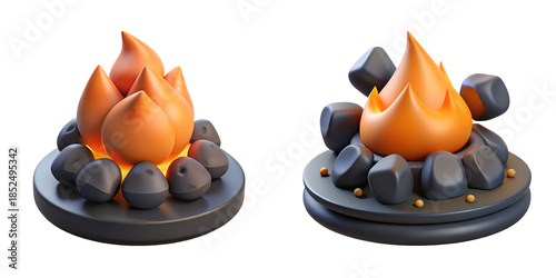 Two vibrant orange 3D campfire icons surrounded by black stones, on a transparent background, ideal for outdoor adventure, camping, survival skills, and cozy wilderness fire elements