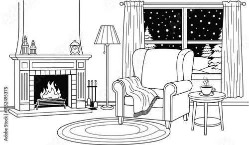 Cozy living room with fireplace on snowy winter night