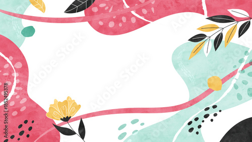 植物のナチュラルポップな背景 花や葉を散りばめたカラフル水彩イラスト