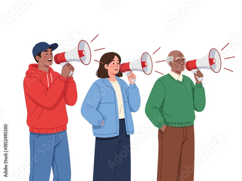 Three people holding megaphones and shouting, diverse group, communication, protest, public speaking, crowd