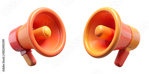 Two vibrant orange 3D megaphone icons, isolated on a transparent background, representing digital marketing, announcements, social media alerts, and public communication solutions
