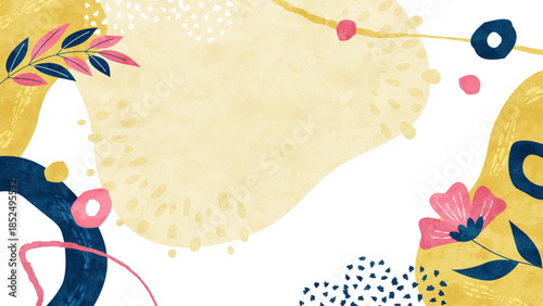 植物のナチュラルポップな背景 花や葉を散りばめたカラフル水彩イラスト