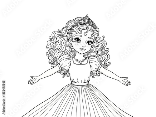 Beautiful princess with long curly hair wearing a crown and a dress