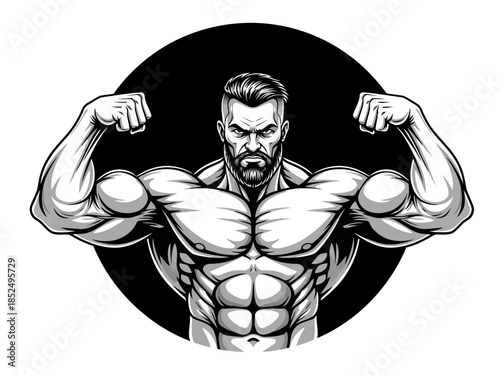 Muscular man flexing his arms in a powerful pose with a beard and tattoos