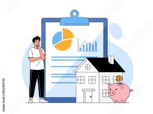 Businessman analyzing financial data with a house and piggy bank illustration