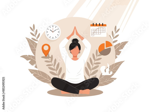 Woman meditating in lotus position with hands in prayer gesture surrounded by icons