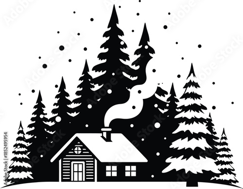 Cozy cabin in snowy forest with smoke rising from chimney