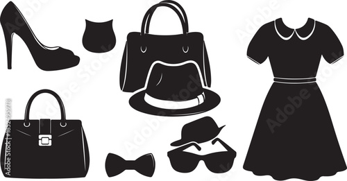 Fashion Accessory Icons. Solid, filled icon set of fashion accessories in art: layered necklaces, chunky bangles, beret,