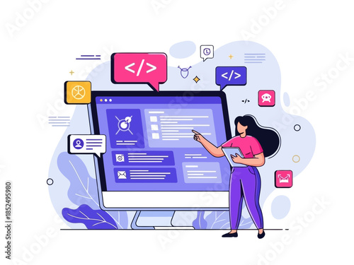 Woman using a computer with coding symbols around her